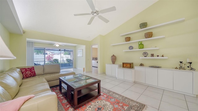 tiled living room featuring high vaulted ceiling and ceiling fan