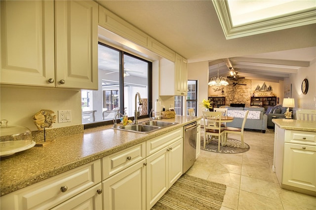 kitchen with dishwasher, light stone countertops, beamed ceiling, light tile patterned floors, and sink