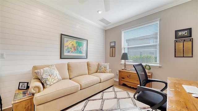 office with ceiling fan, light hardwood / wood-style flooring, and crown molding