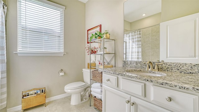 bathroom with tile floors, toilet, and vanity