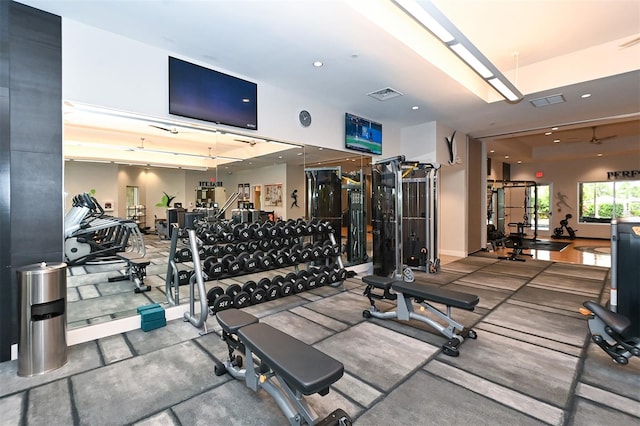 workout area featuring ceiling fan