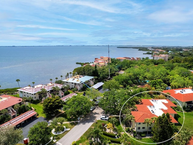 drone / aerial view featuring a water view