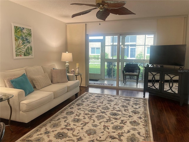 living room with dark hardwood / wood-style flooring, a textured ceiling, and ceiling fan