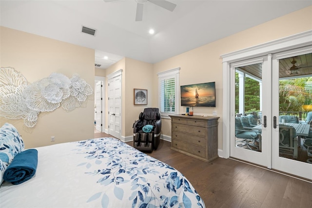 bedroom with dark wood-type flooring, access to outside, french doors, and ceiling fan