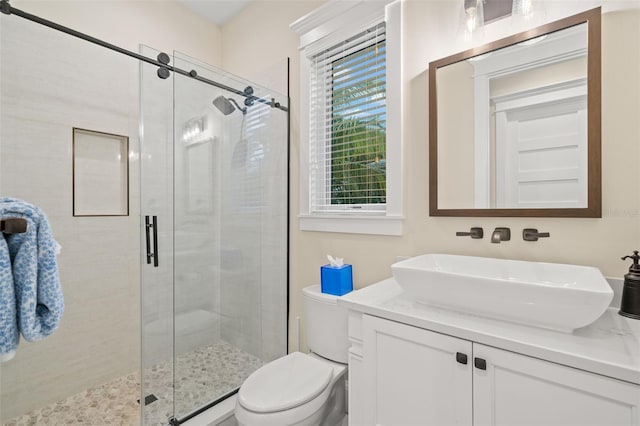 bathroom featuring vanity, toilet, and a shower with shower door