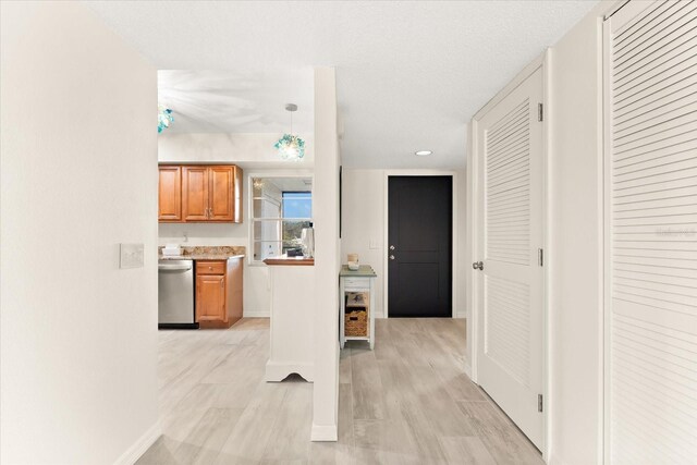 kitchen featuring light hardwood / wood-style floors, decorative light fixtures, and dishwasher