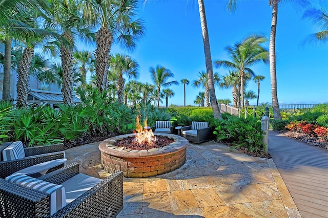 view of patio featuring a fire pit