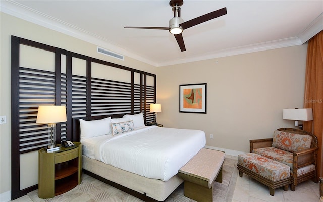 bedroom with crown molding and ceiling fan