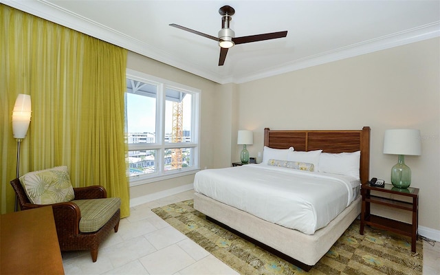 bedroom featuring crown molding, light tile flooring, and ceiling fan