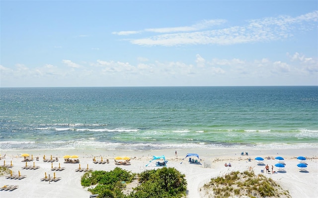 view of water feature with a beach view