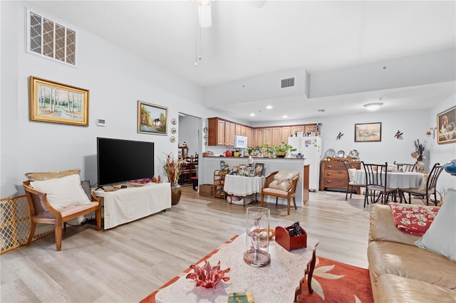 living room featuring light hardwood / wood-style floors and ceiling fan