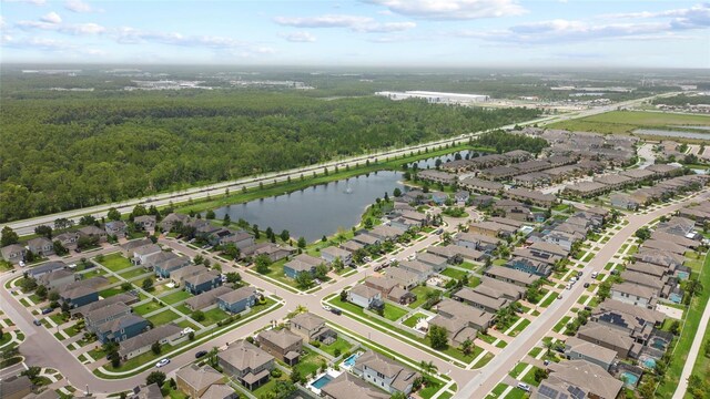 drone / aerial view featuring a water view