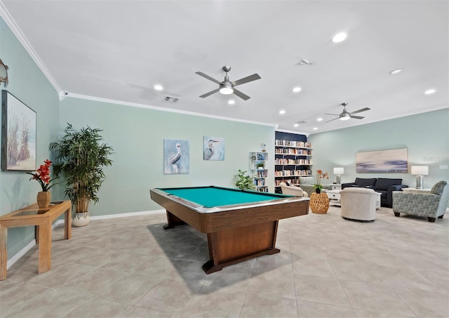 rec room with ceiling fan, light tile patterned floors, crown molding, and pool table