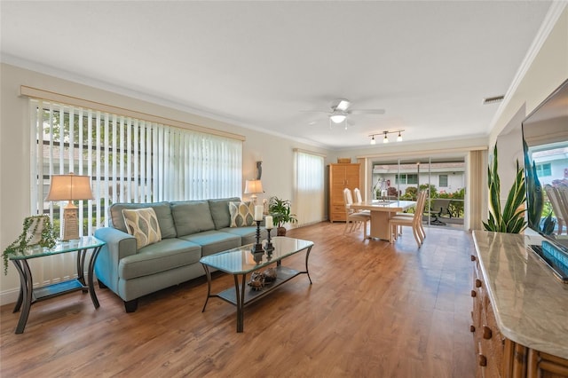 living room with ceiling fan, crown molding, and hardwood / wood-style floors