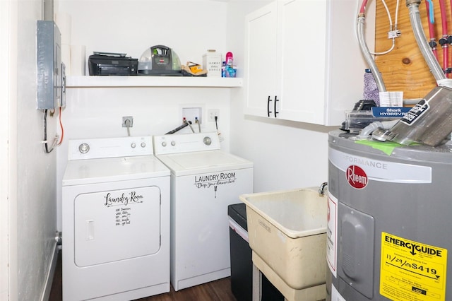 laundry room featuring sink, electric dryer hookup, washer hookup, water heater, and washing machine and clothes dryer