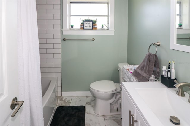 full bathroom featuring tile flooring, toilet, shower / bath combo, and vanity with extensive cabinet space