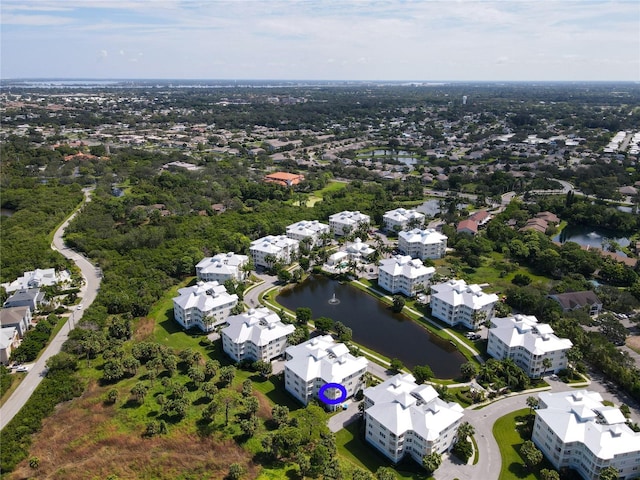 drone / aerial view featuring a water view