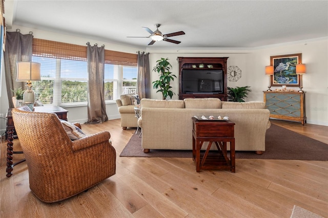 living room featuring crown molding, ceiling fan, and light hardwood / wood-style flooring