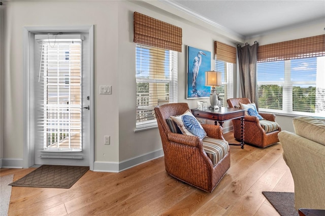 sitting room featuring crown molding, light hardwood / wood-style floors, and a wealth of natural light