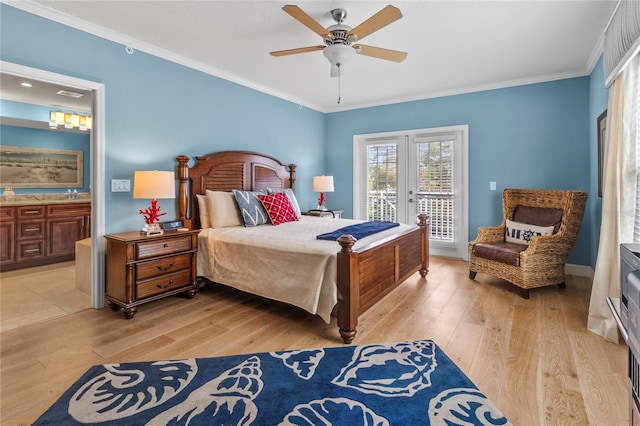 tiled bedroom with ensuite bath, ceiling fan, french doors, crown molding, and access to outside