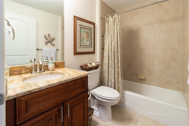 full bathroom featuring vanity, tile flooring, shower / tub combo with curtain, and toilet