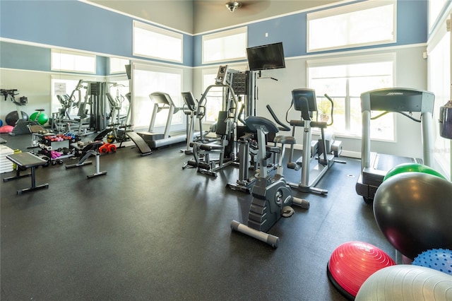 exercise room featuring a towering ceiling