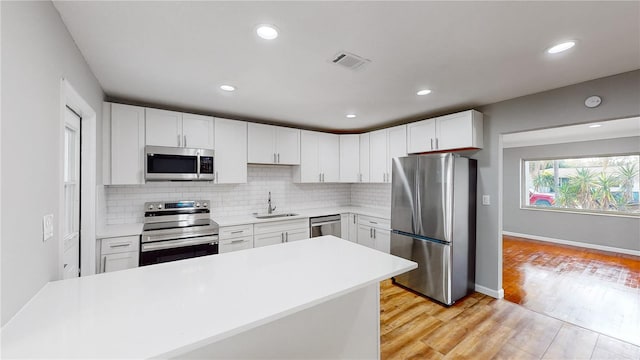 kitchen featuring white cabinetry, backsplash, light hardwood / wood-style floors, sink, and stainless steel appliances