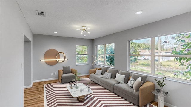 living room with light hardwood / wood-style flooring and a textured ceiling