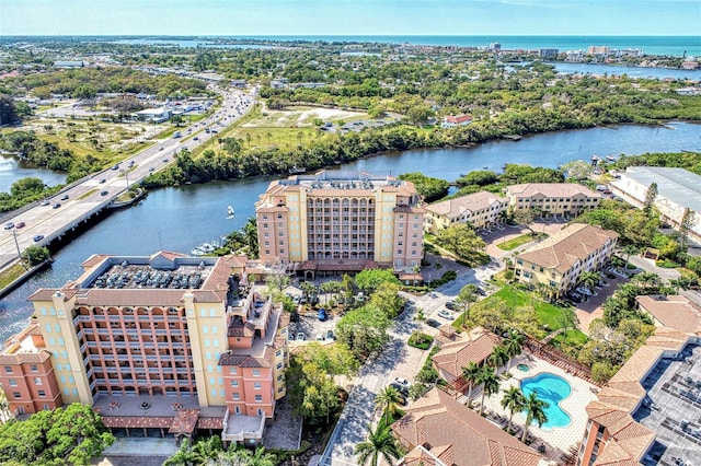 drone / aerial view with a water view