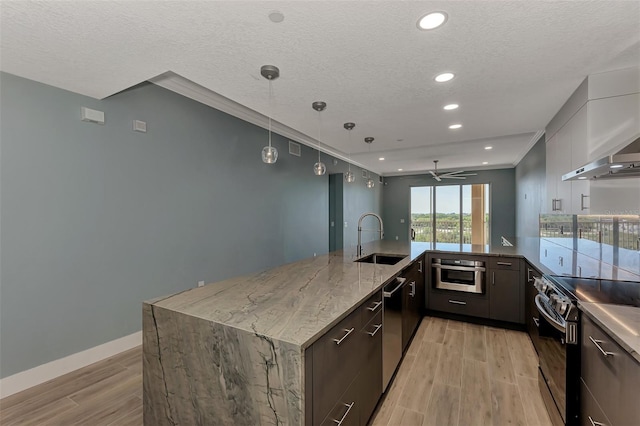 kitchen featuring appliances with stainless steel finishes, sink, light hardwood / wood-style flooring, light stone counters, and pendant lighting