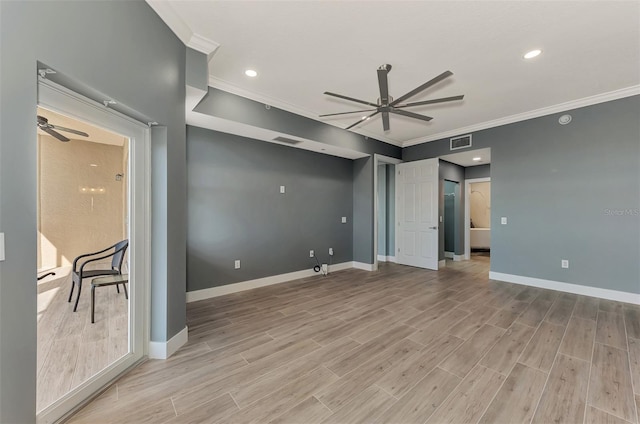 empty room with crown molding, ceiling fan, and light wood-type flooring