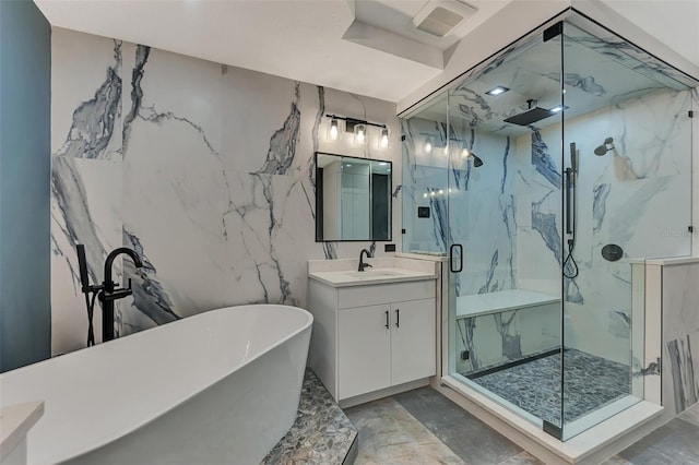 bathroom with independent shower and bath, tile walls, tile floors, and vanity