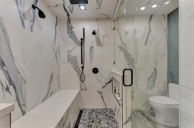 bathroom featuring toilet, tile floors, walk in shower, and tile walls