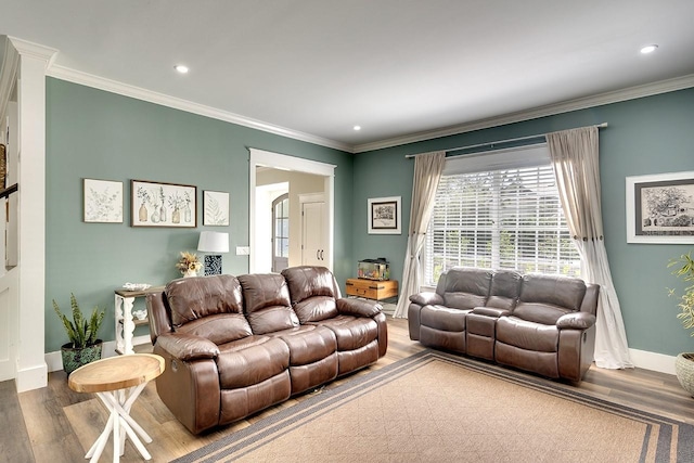 living room with ornamental molding and light hardwood / wood-style flooring