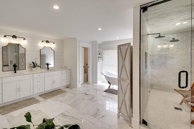 bathroom with shower with separate bathtub, tile floors, and dual vanity