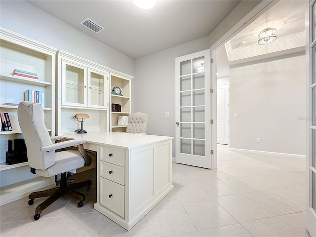 office featuring french doors and light tile patterned floors