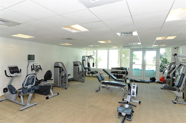 exercise room featuring light colored carpet, a drop ceiling, and a wealth of natural light