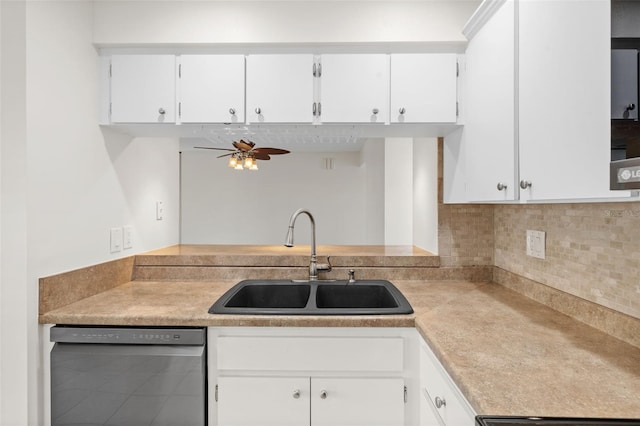 kitchen with ceiling fan, sink, white cabinets, and stainless steel dishwasher