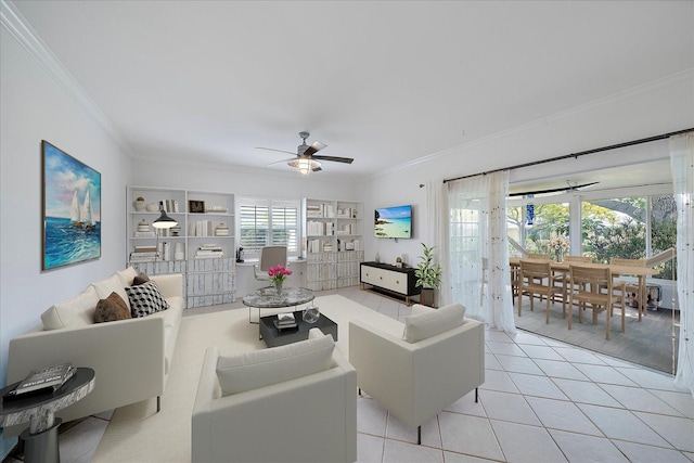 tiled living room featuring crown molding and ceiling fan