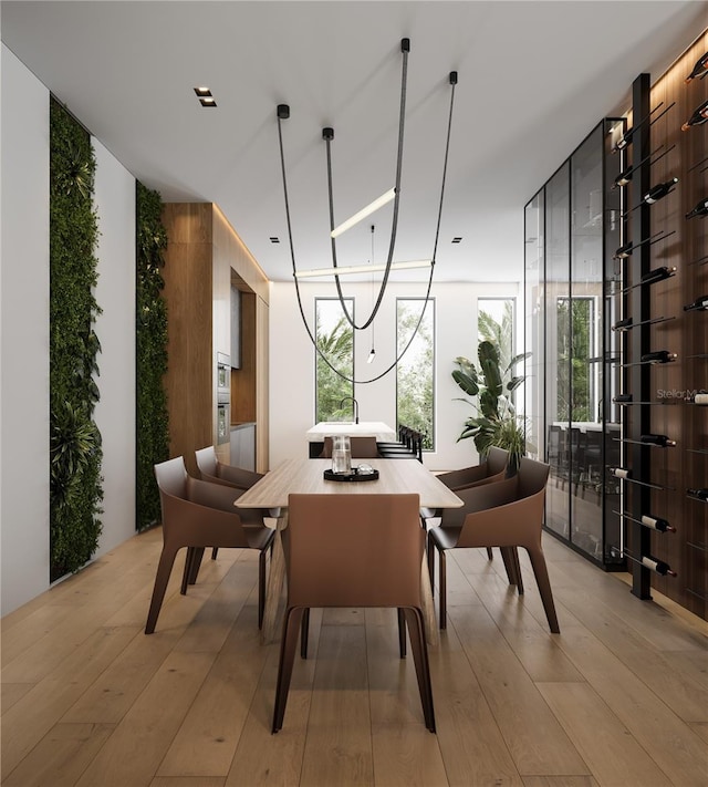 dining area featuring light hardwood / wood-style floors and expansive windows