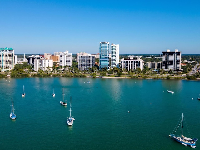 birds eye view of property featuring a water view