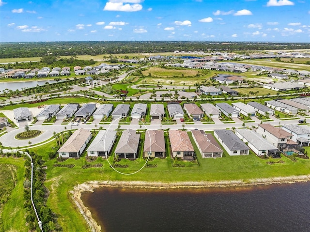 bird's eye view with a water view