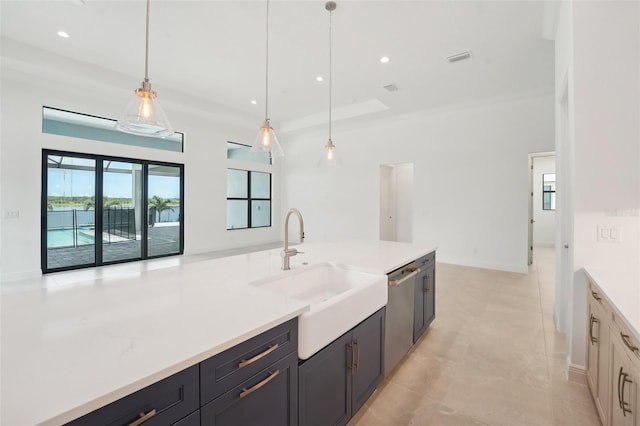 kitchen with pendant lighting, dishwasher, ornamental molding, and sink