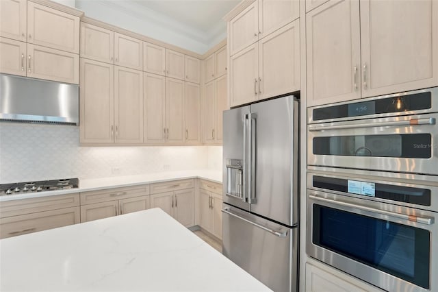 kitchen with decorative backsplash, ornamental molding, range hood, and appliances with stainless steel finishes