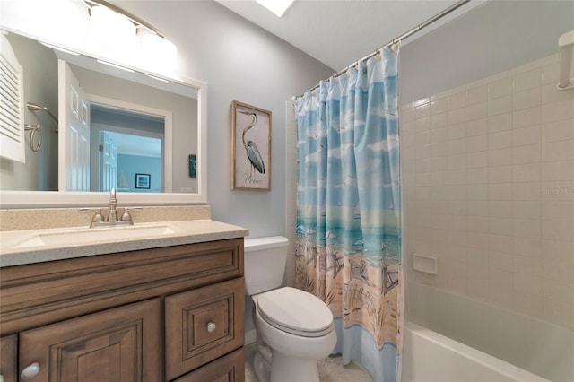 full bathroom with vanity, toilet, and shower / bath combination with curtain