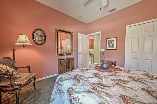 carpeted bedroom featuring ceiling fan and a closet