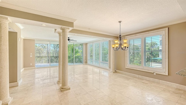 401 N Point Rd Unit 301, Osprey, FL 34229 - tiled empty room with a textured ceiling, ceiling fan with notable chandelier, crown molding, and ornate columns