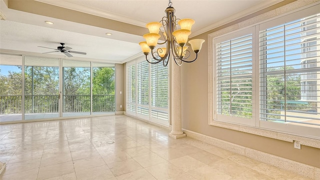 401 N Point Rd Unit 301, Osprey, FL 34229 - tiled empty room featuring a textured ceiling, crown molding, ceiling fan with notable chandelier, and a healthy amount of sunlight