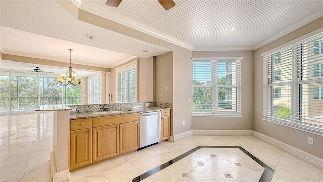401 N Point Rd Unit 301, Osprey, FL 34229 - kitchen featuring light stone countertops, sink, light tile floors, and stainless steel dishwasher