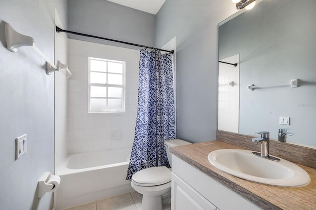 full bathroom featuring toilet, vanity, shower / tub combo with curtain, and tile flooring